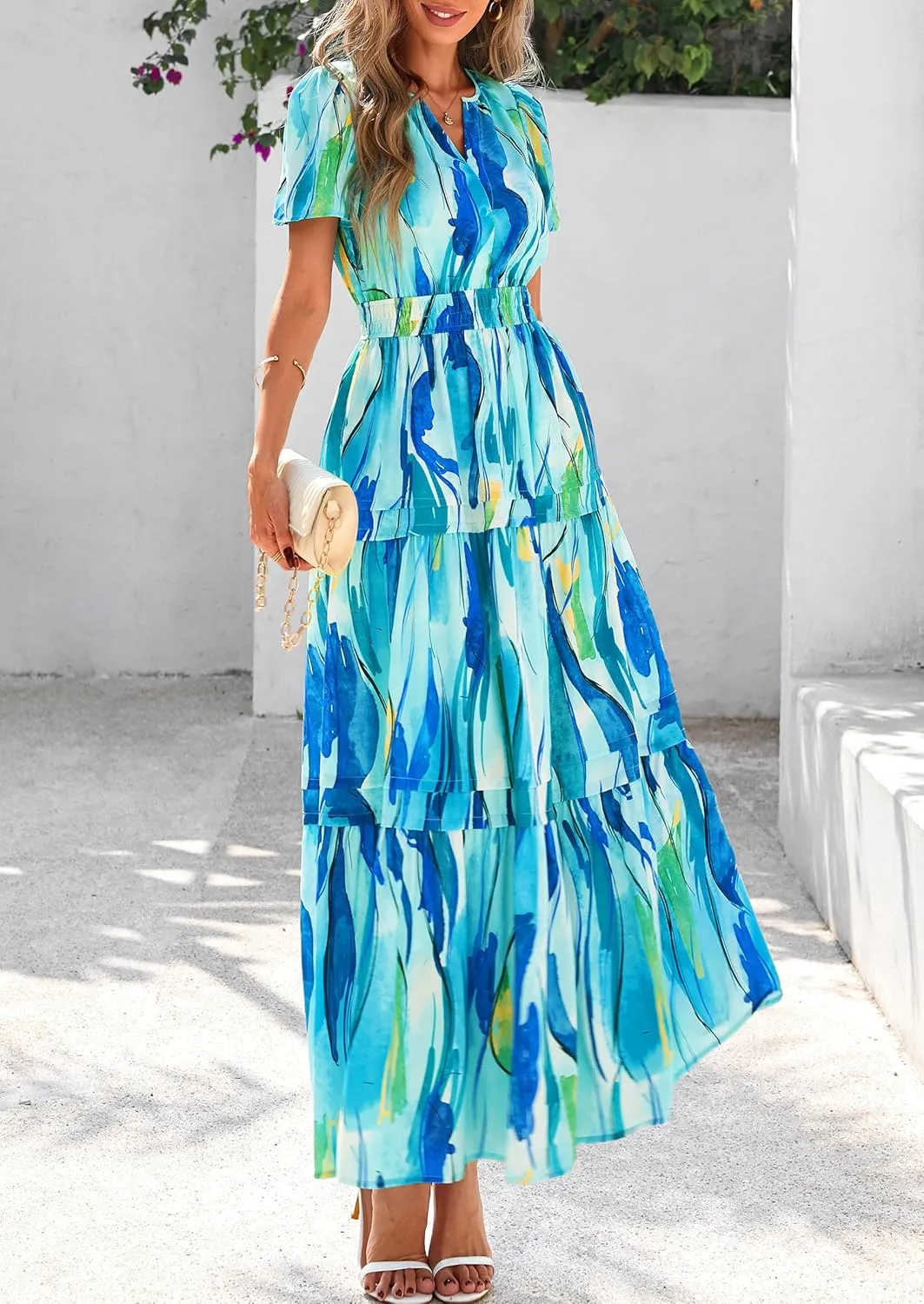 PRETTYGARDEN Women's 2025 Summer Boho Maxi Dresses Floral Short Sleeve V Neck A Line Tiered Flowy Long Beach Vacation Dress