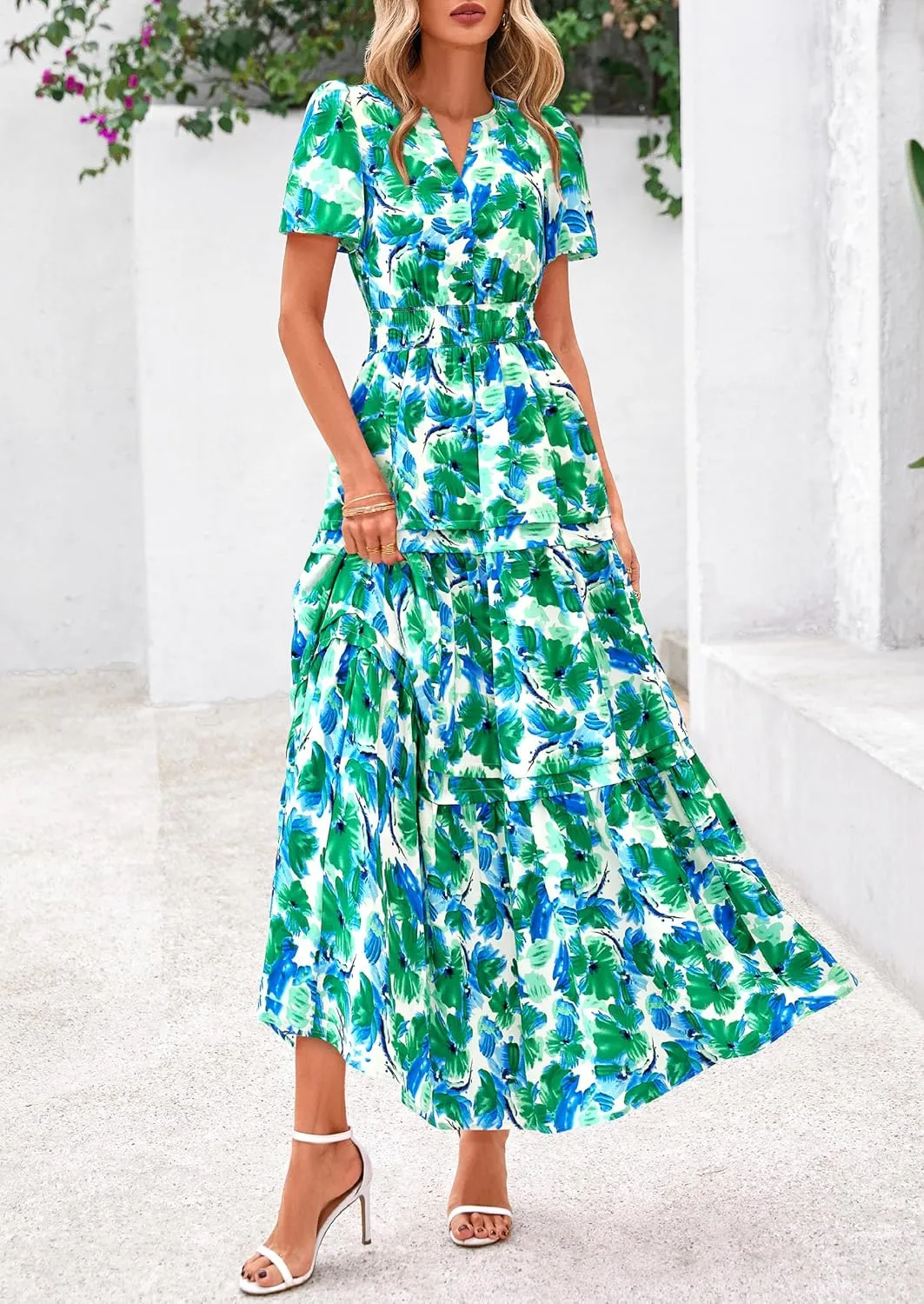 PRETTYGARDEN Women's 2025 Summer Boho Maxi Dresses Floral Short Sleeve V Neck A Line Tiered Flowy Long Beach Vacation Dress