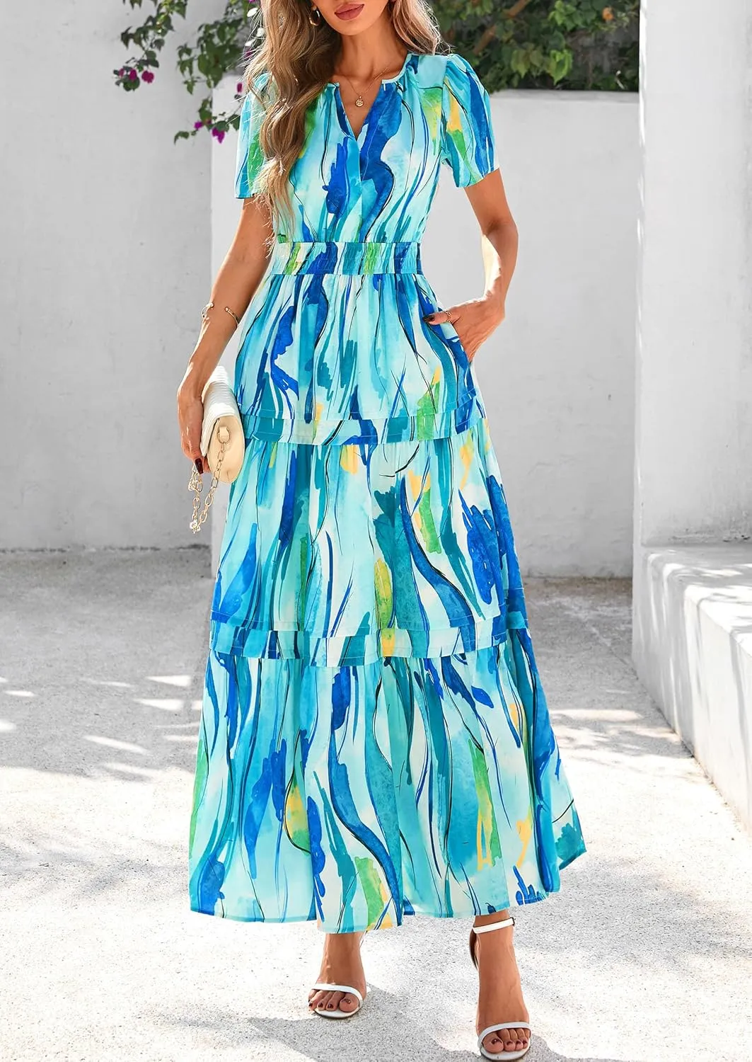 PRETTYGARDEN Women's 2025 Summer Boho Maxi Dresses Floral Short Sleeve V Neck A Line Tiered Flowy Long Beach Vacation Dress