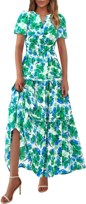 PRETTYGARDEN Women's 2025 Summer Boho Maxi Dresses Floral Short Sleeve V Neck A Line Tiered Flowy Long Beach Vacation Dress