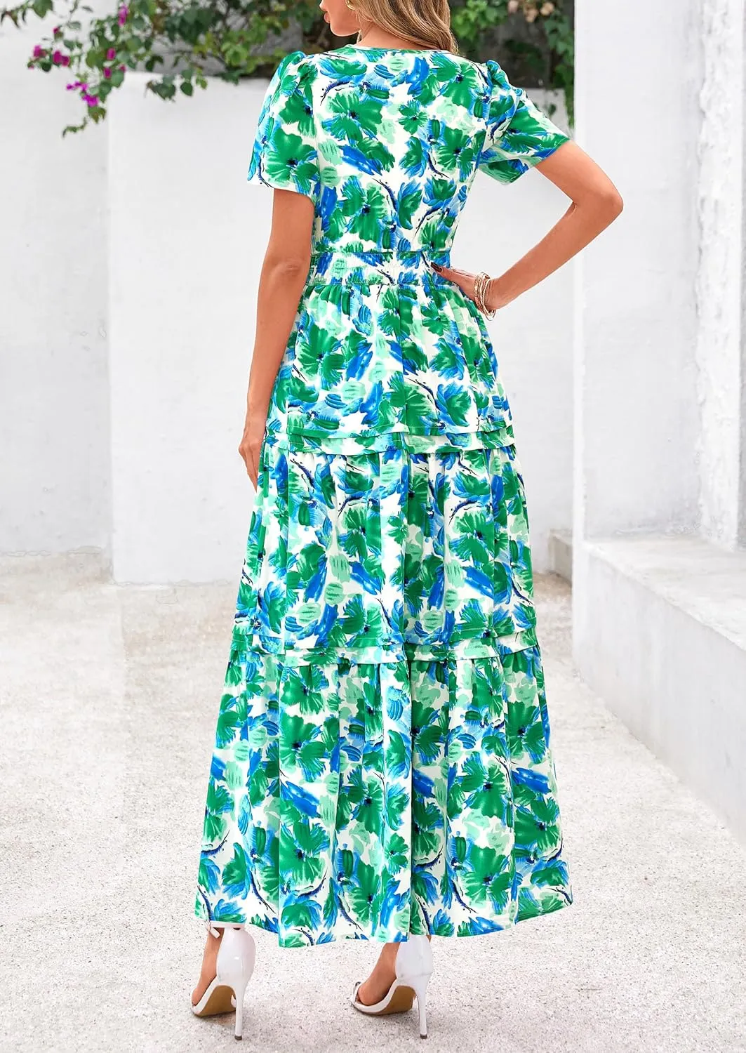 PRETTYGARDEN Women's 2025 Summer Boho Maxi Dresses Floral Short Sleeve V Neck A Line Tiered Flowy Long Beach Vacation Dress