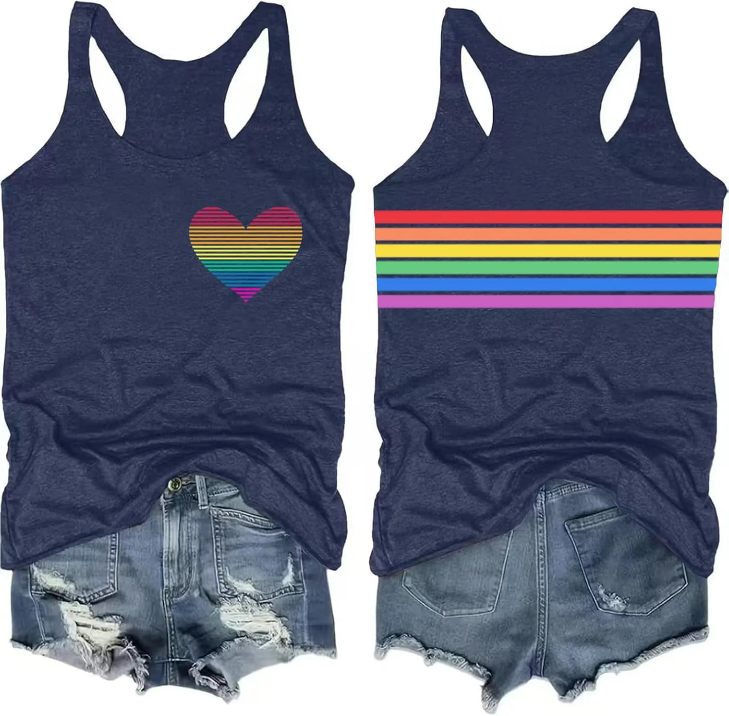 Pride Tank Tops for Women: LGBT Rainbow Heart T-Shirts Lesbian Sleeveless Tee LGBTQ Pride Raceback Vest Tops