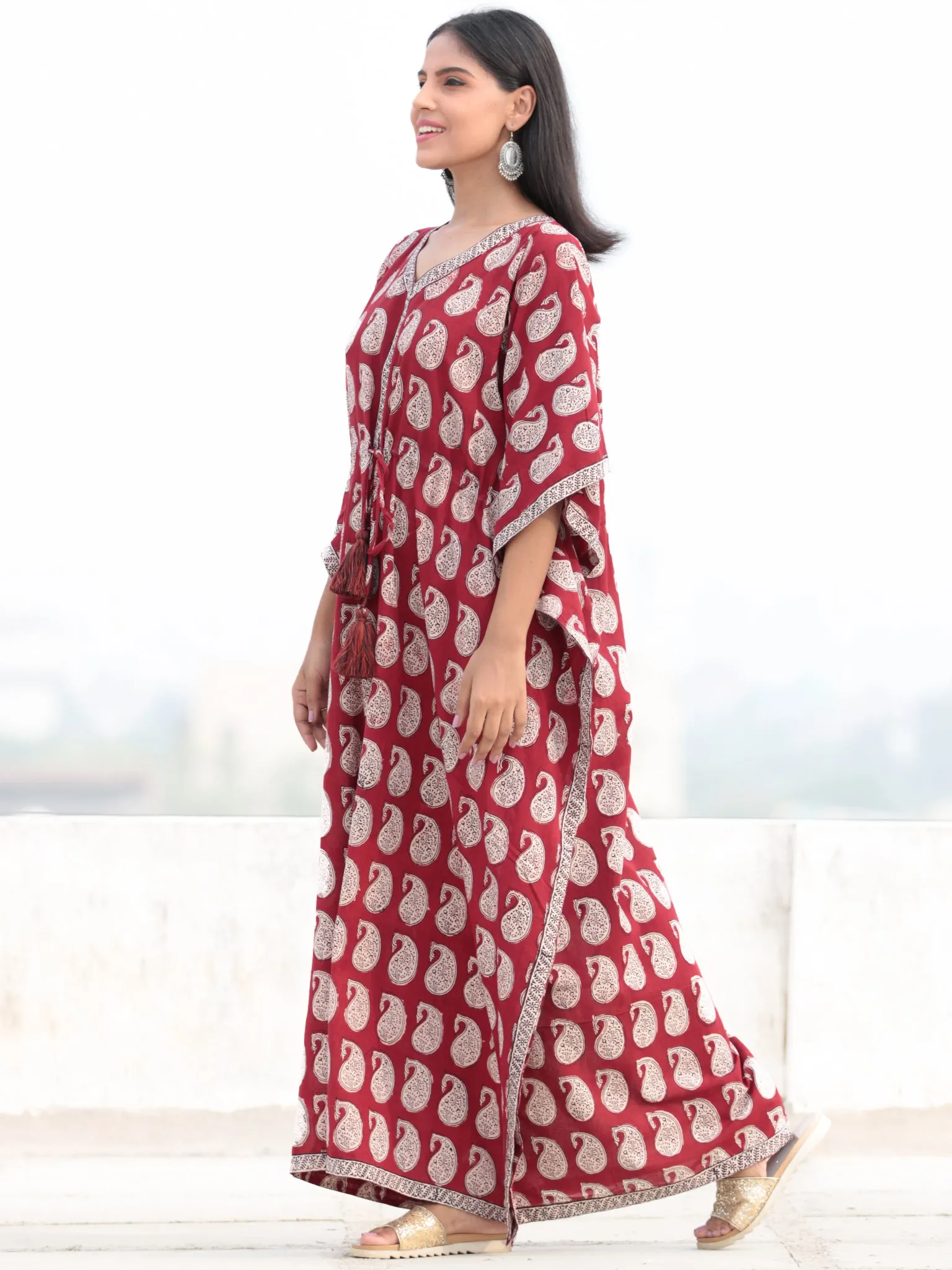 Red Beige Black Hand Block Printed Kaftan - K004F1716