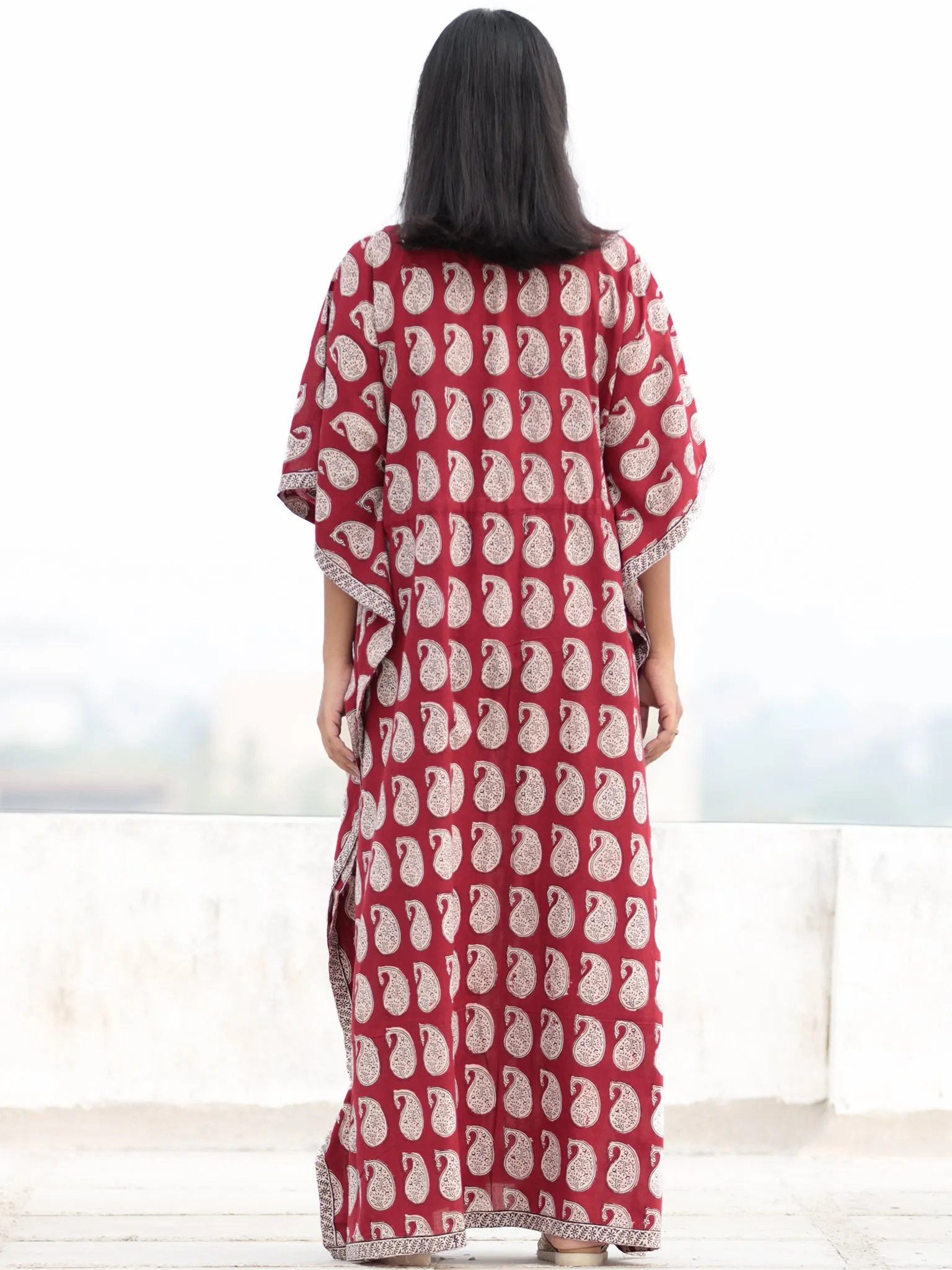 Red Beige Black Hand Block Printed Kaftan - K004F1716