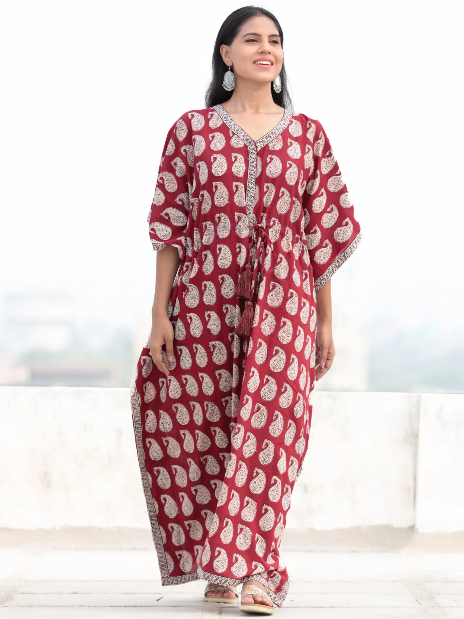 Red Beige Black Hand Block Printed Kaftan - K004F1716