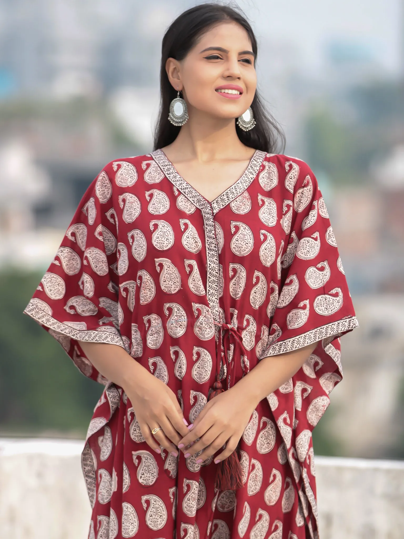 Red Beige Black Hand Block Printed Kaftan - K004F1716