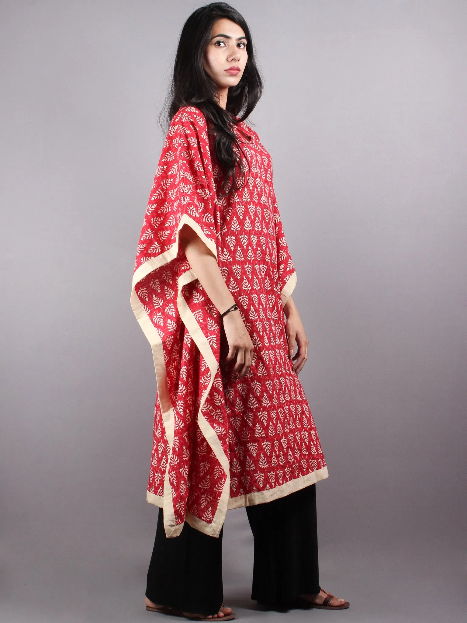 Red Hand Block Printed Kaftan With Beige Border - K1159F09