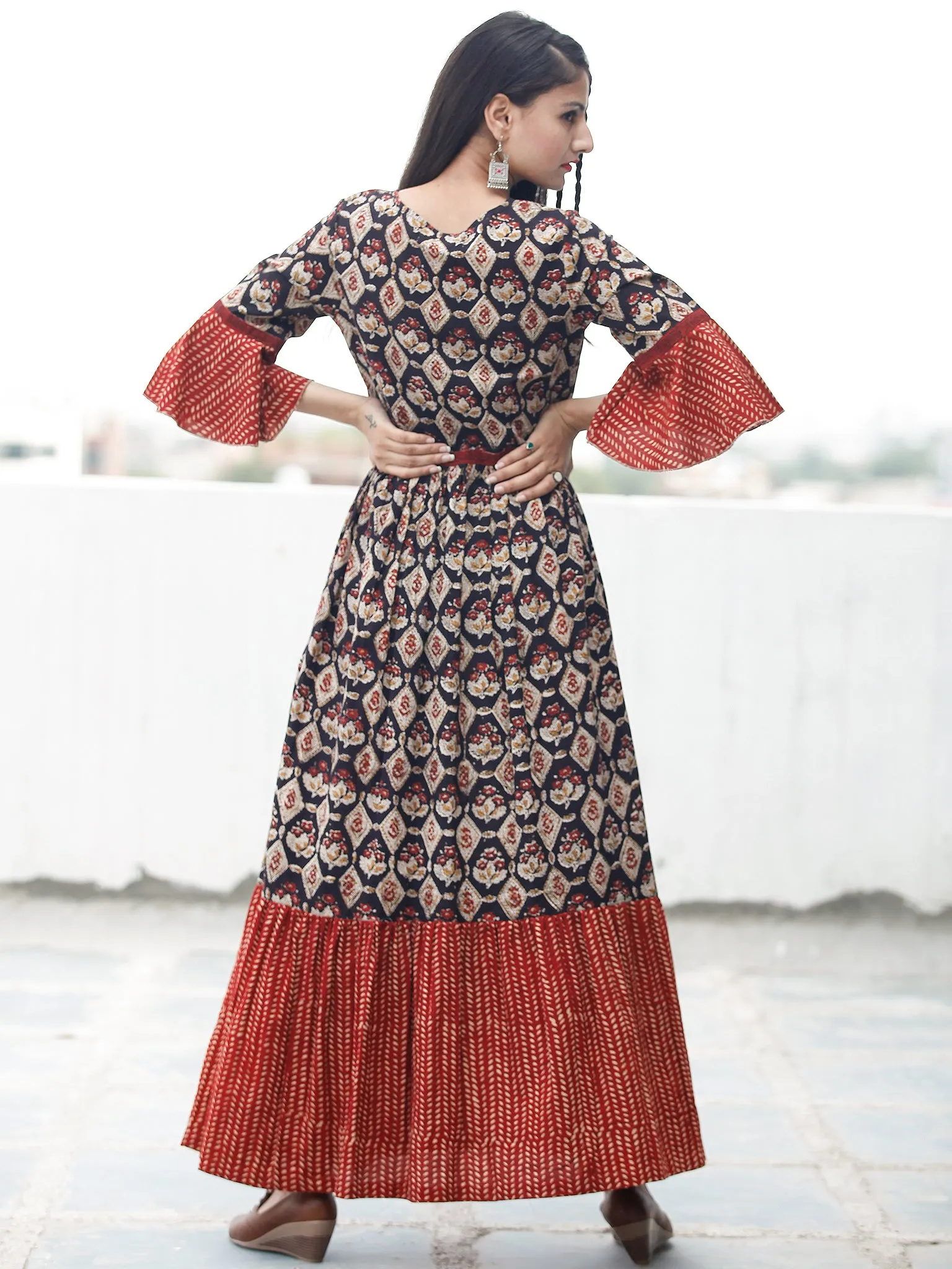 Rustic Imprints - Hand Block Printed Cotton Long Angrakha Dress  - D336F1842
