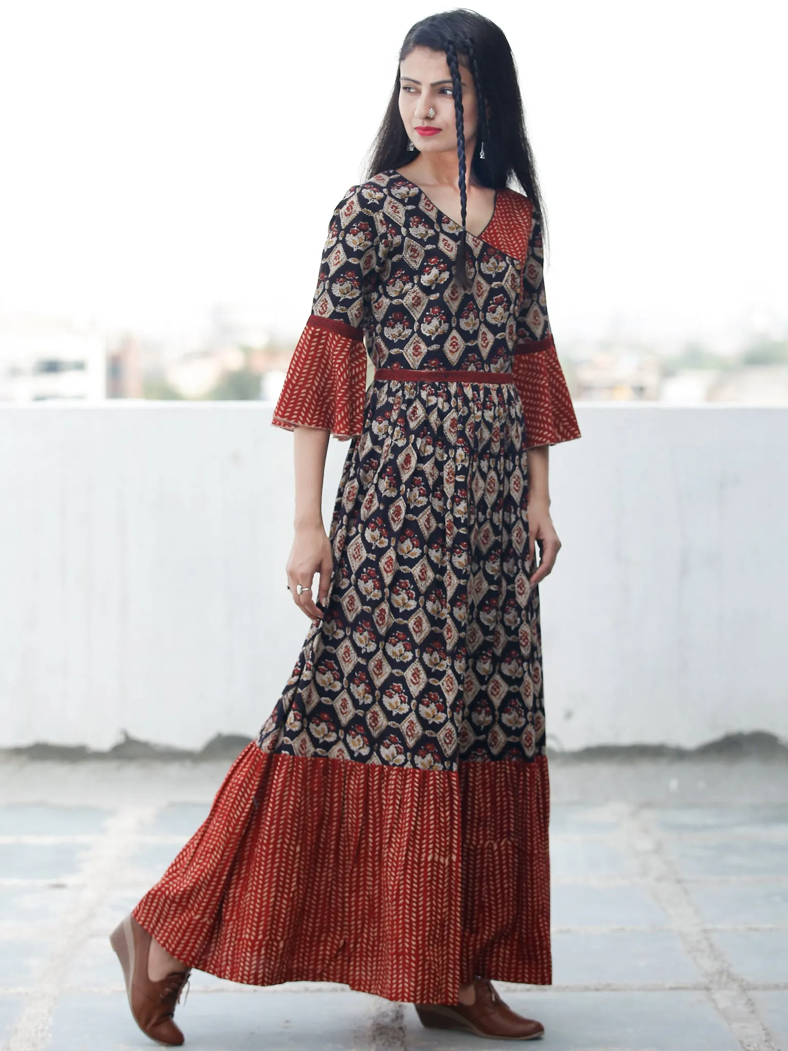 Rustic Imprints - Hand Block Printed Cotton Long Angrakha Dress  - D336F1842