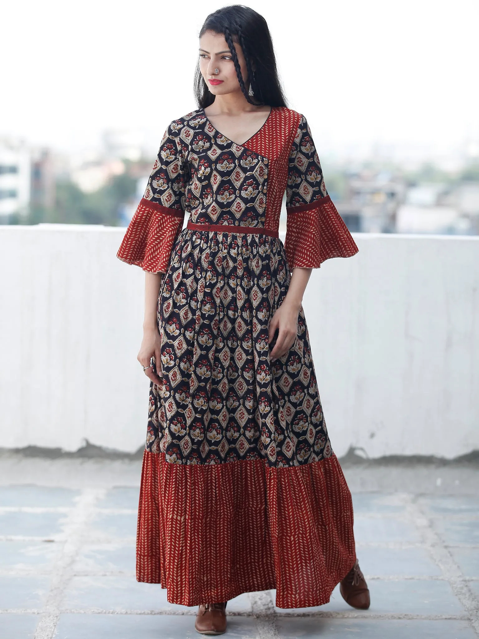 Rustic Imprints - Hand Block Printed Cotton Long Angrakha Dress  - D336F1842
