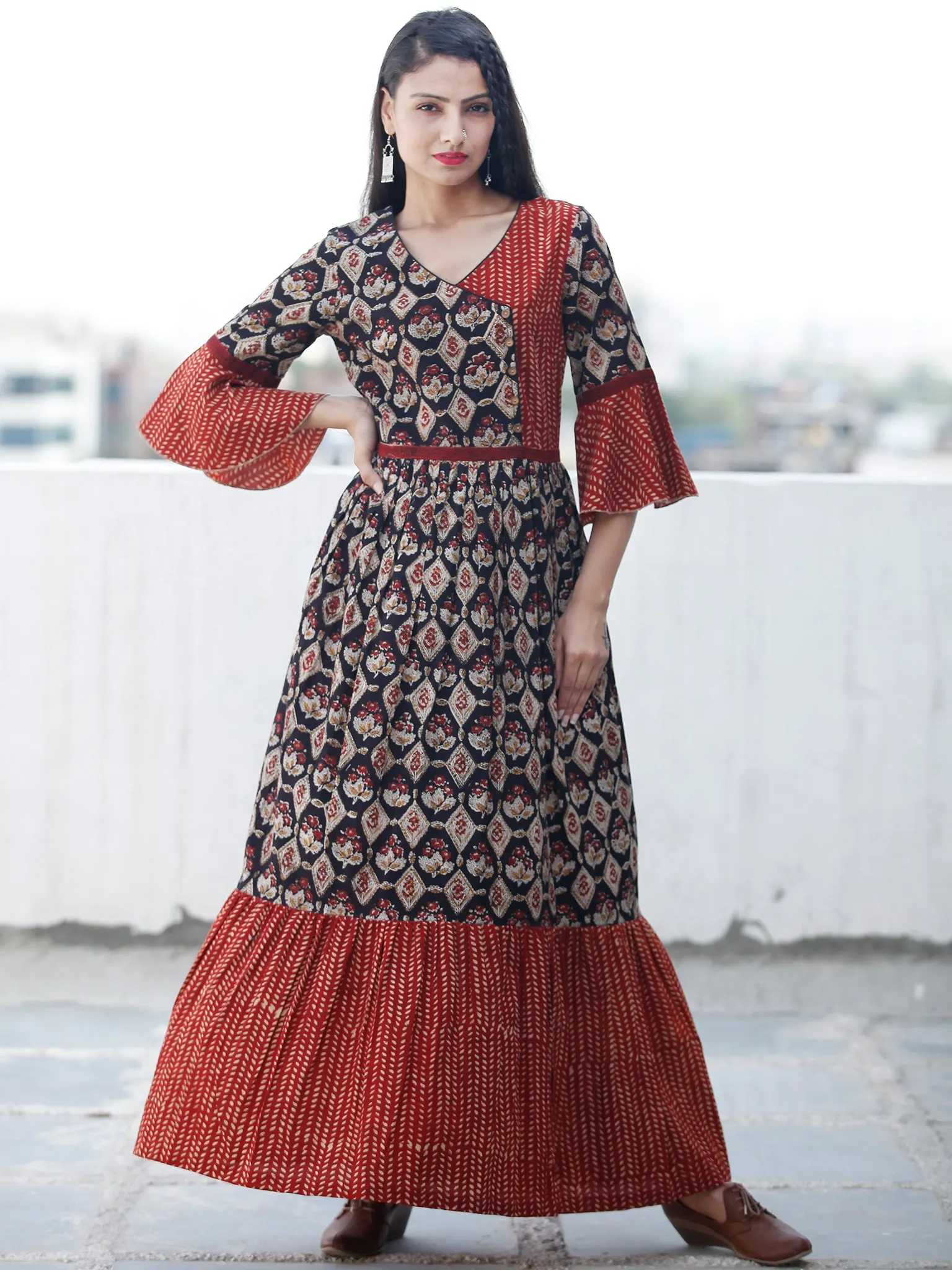 Rustic Imprints - Hand Block Printed Cotton Long Angrakha Dress  - D336F1842