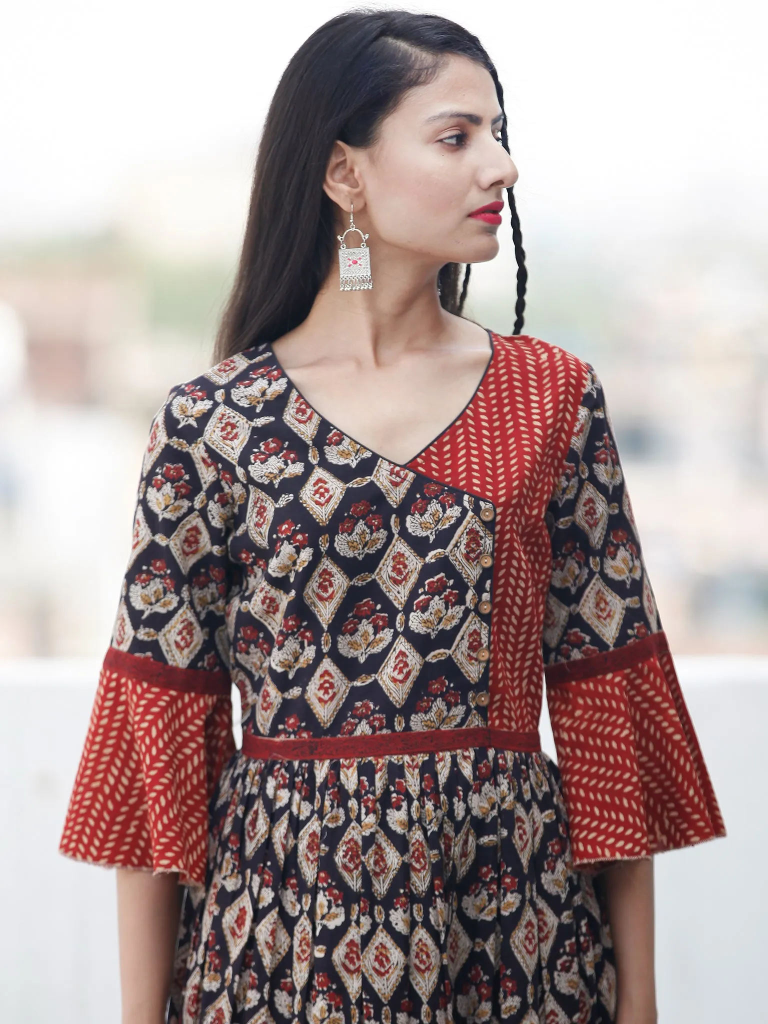 Rustic Imprints - Hand Block Printed Cotton Long Angrakha Dress  - D336F1842