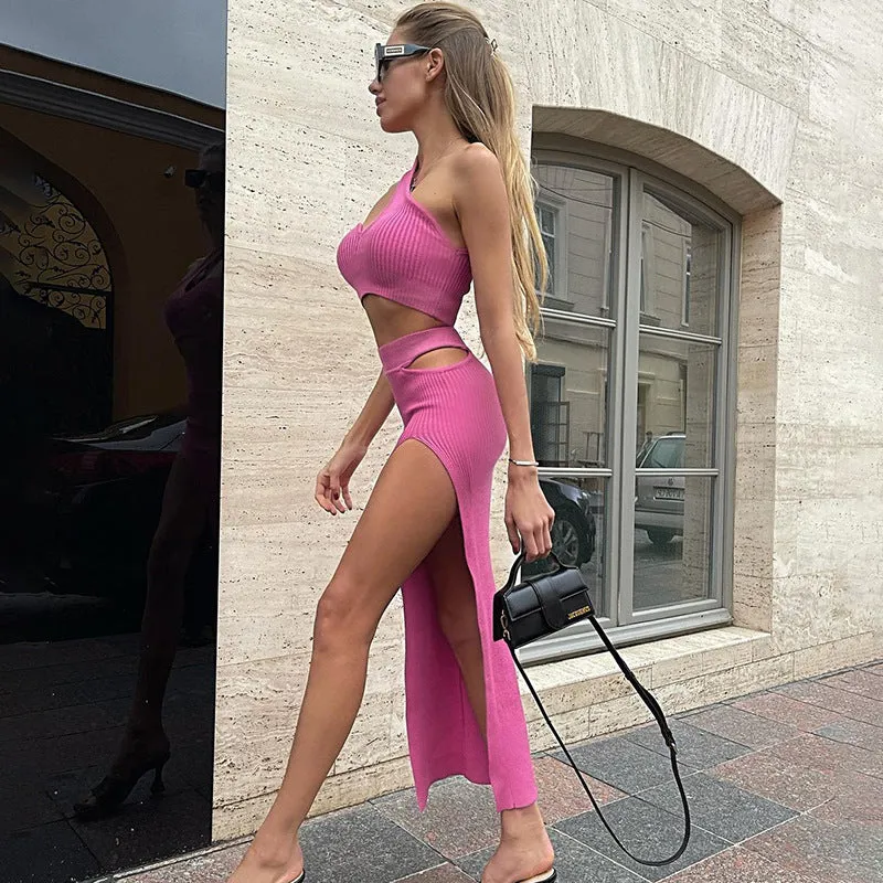 Threaded one-shoulder vest side-slit skirt Dress