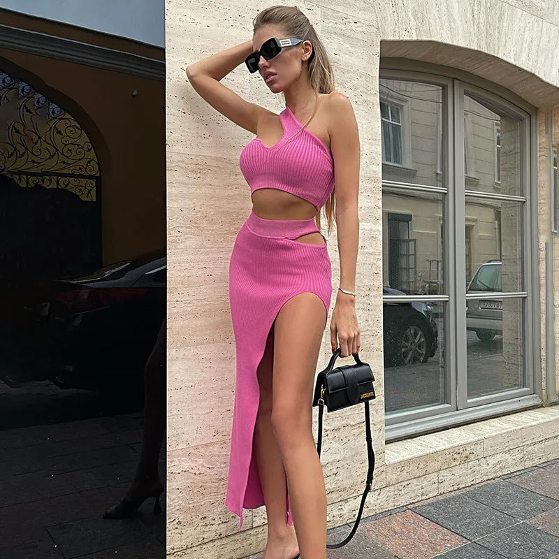 Threaded one-shoulder vest side-slit skirt Dress