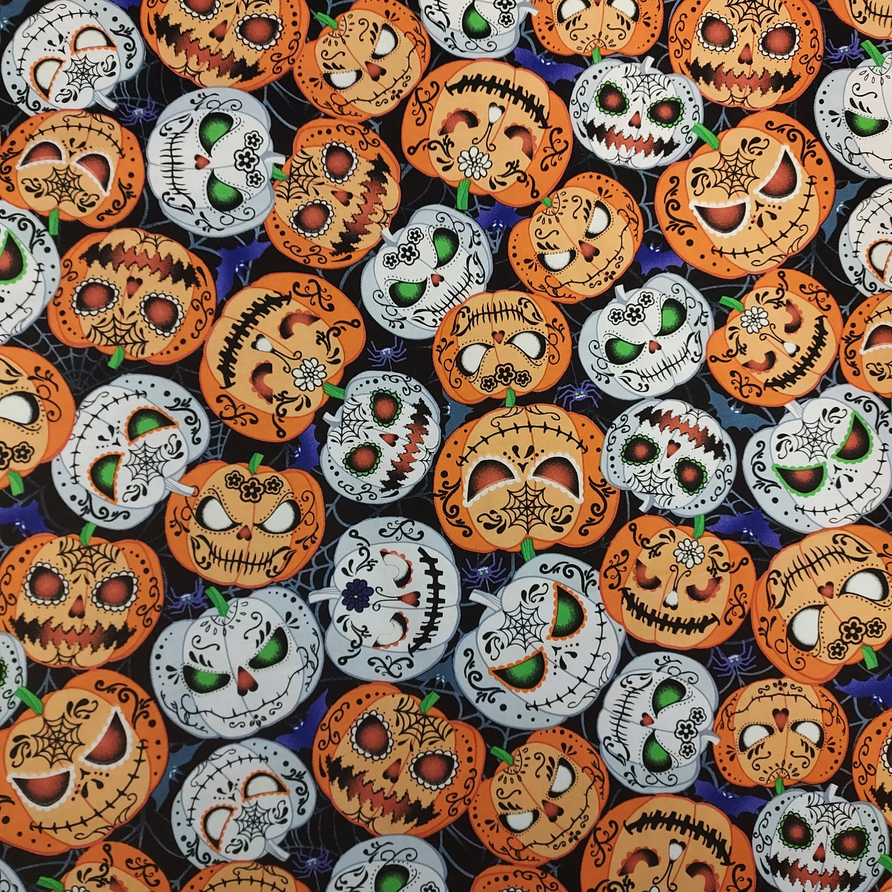 Timeless Treasures Wicked Sugar Skull Pumpkins Glow in the Dark Cotton Fabric
