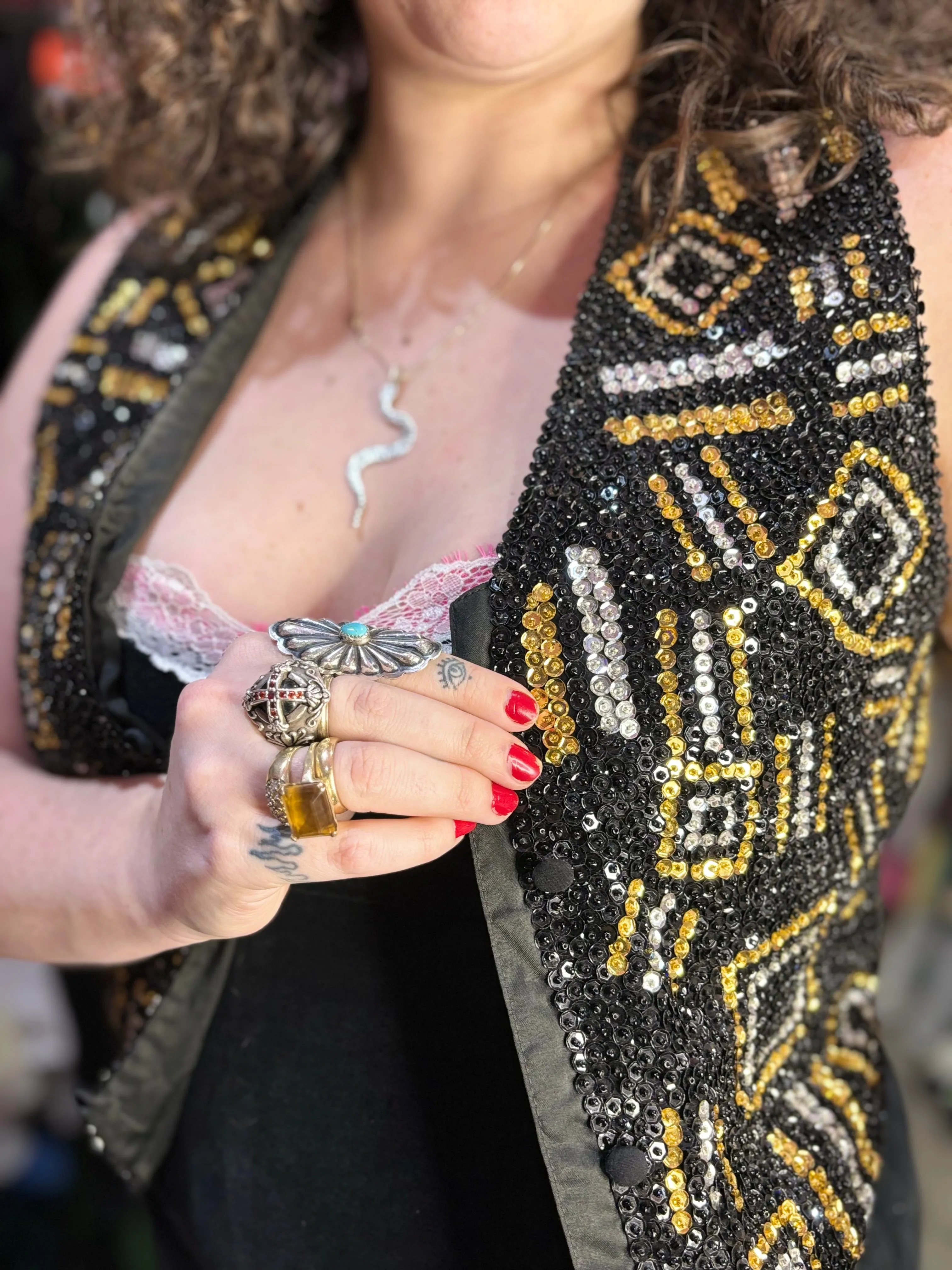 Vintage 90s Sequin Gold and Silver Lines Vest