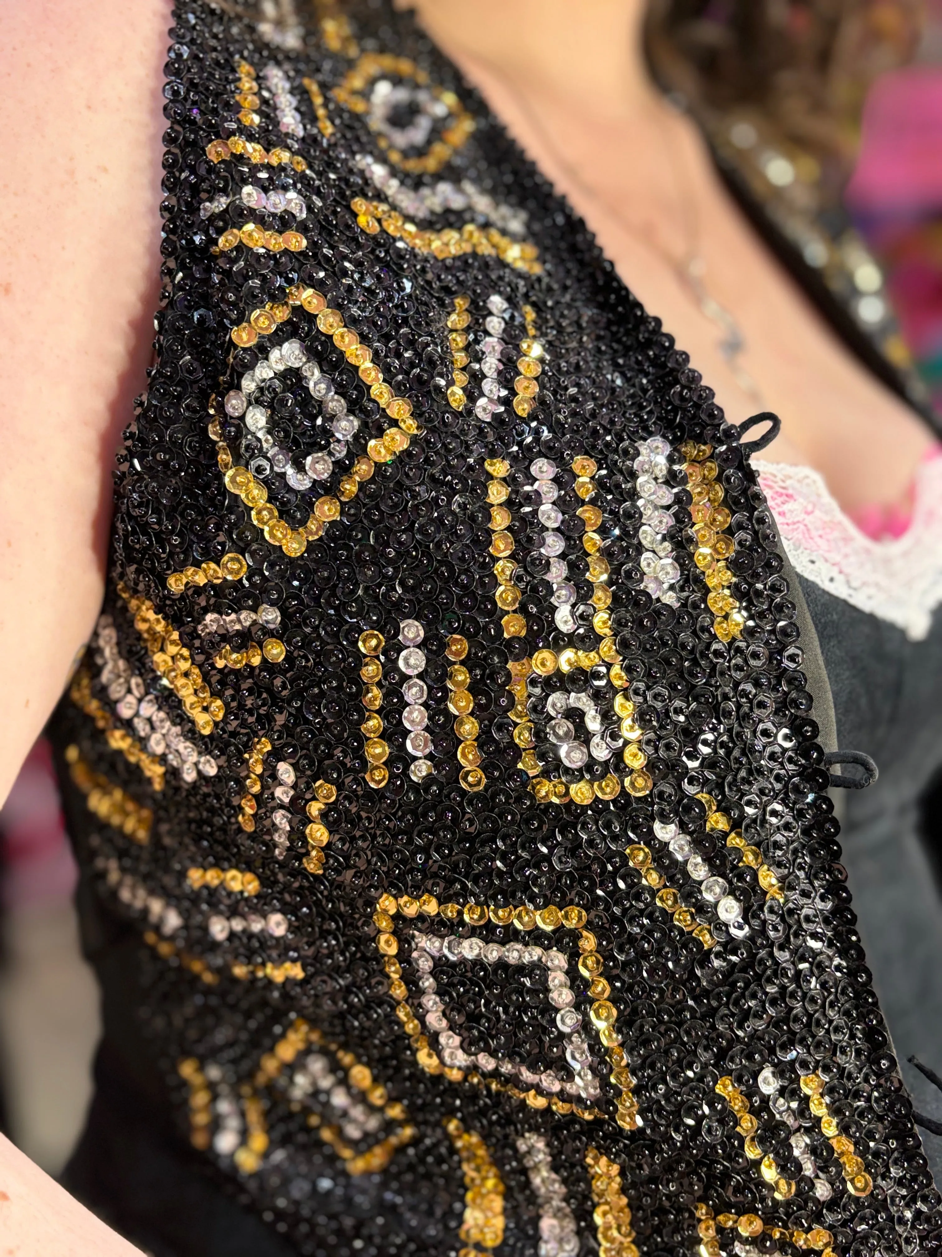 Vintage 90s Sequin Gold and Silver Lines Vest