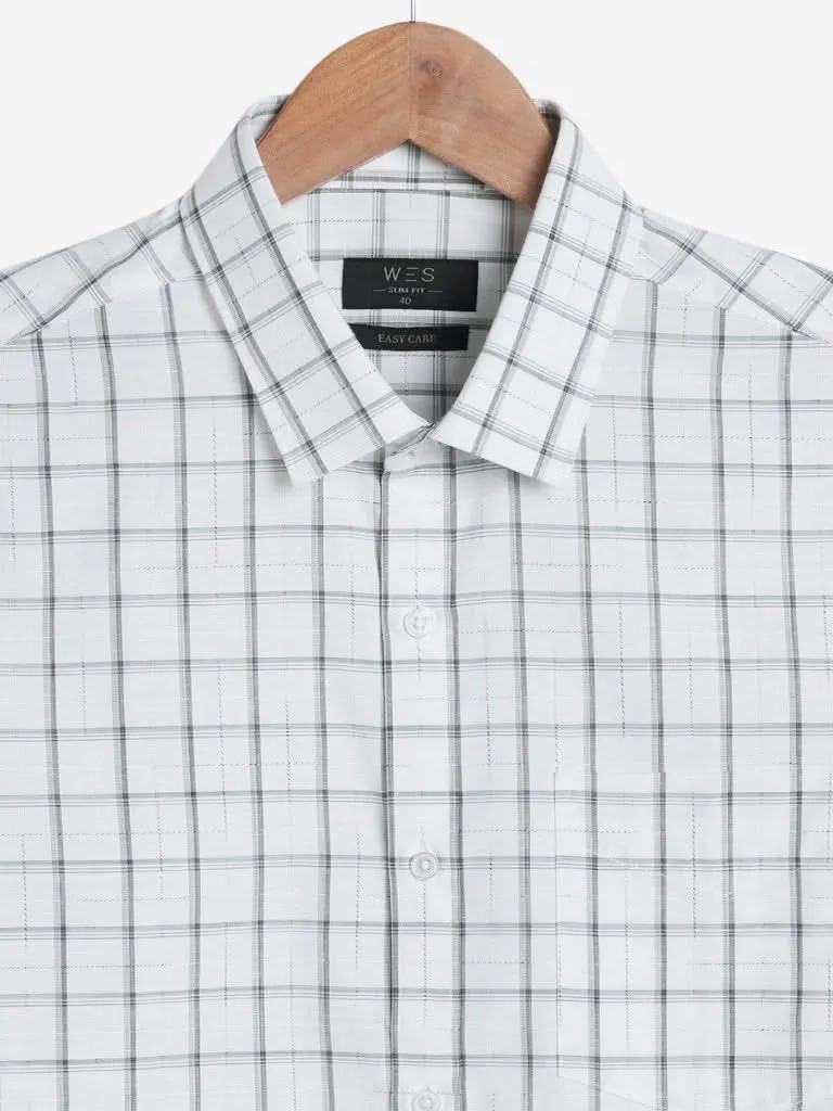 WES Formals White Slim-Fit Checked Shirt