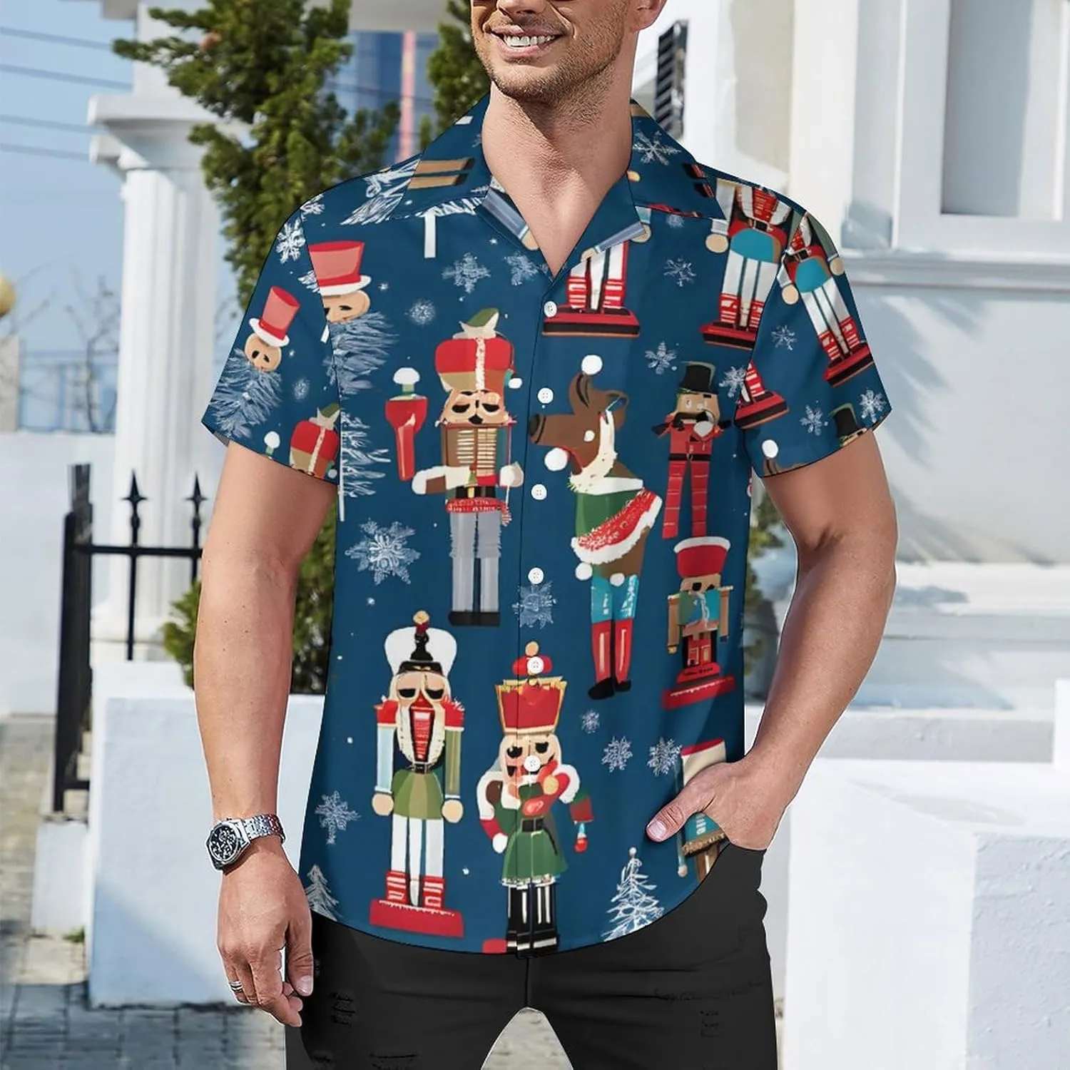 Women's Nutcracker Ballet Xmas Dance Print Cuban Collar Shirt Classic Design for Comfort and Style