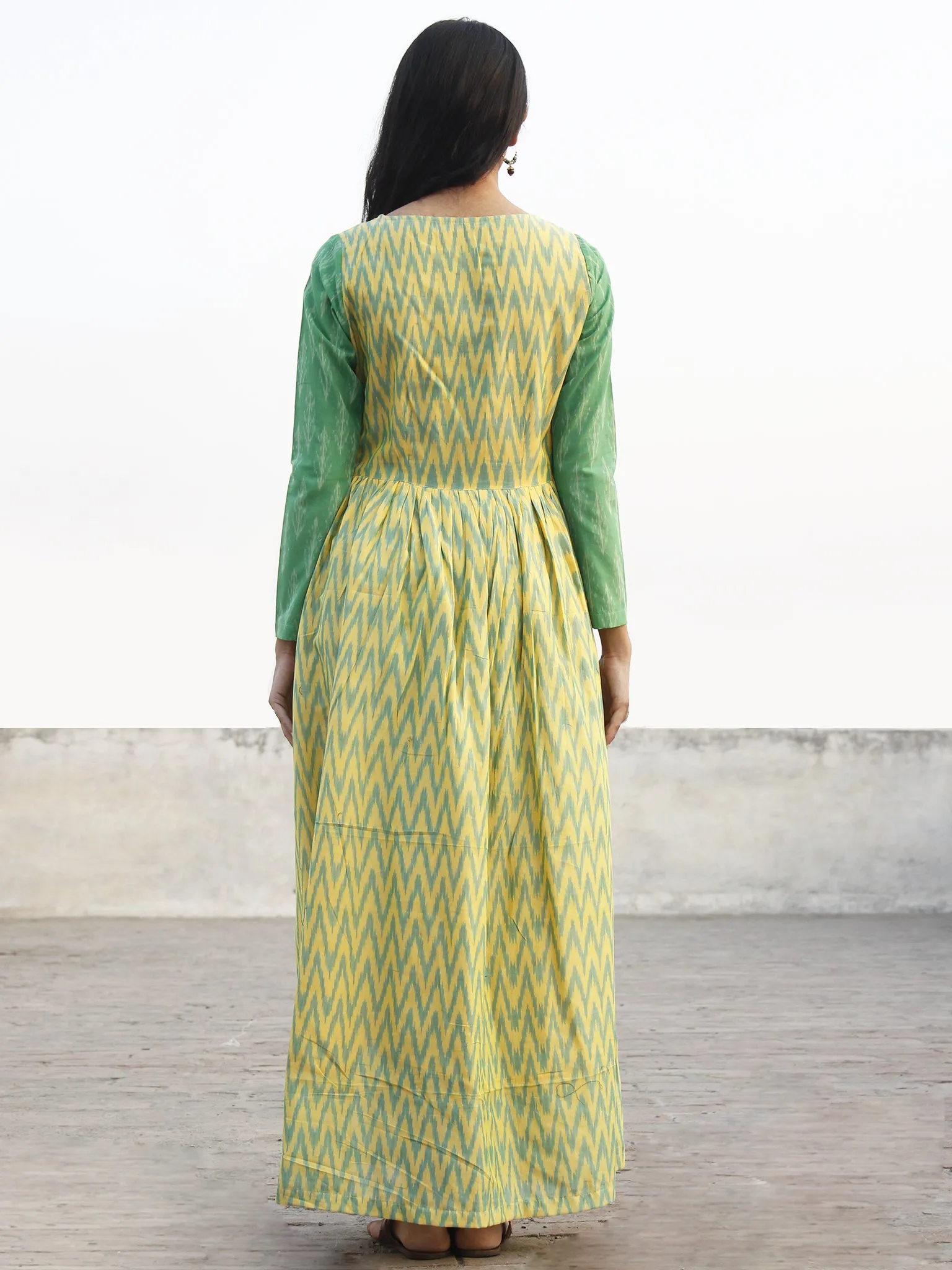 Yellow Green Hand Woven Mercerized Cotton Ikat Dress With Pockets - D173F831